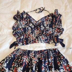 Floral Two Piece Set Maxi Skirt & Ruffle Crop Top Size Large Boho Cottagecore